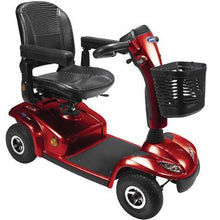 Load image into Gallery viewer, A red colored Invacare Leo 4-Wheel mobility scooter
